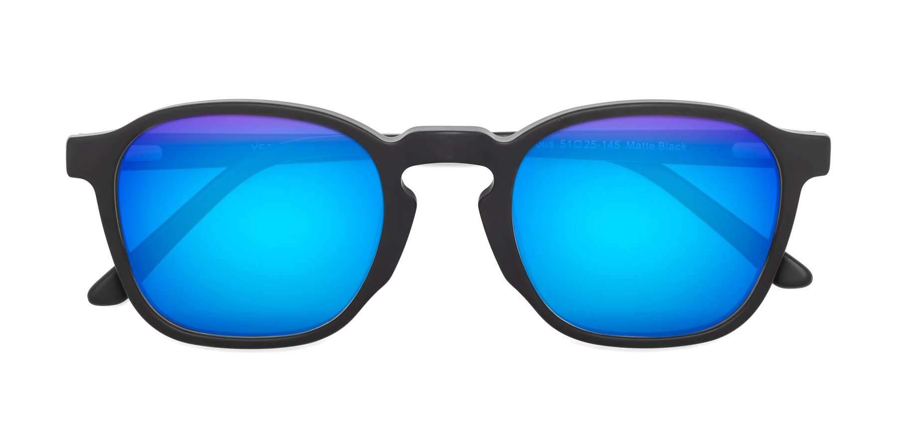 Folded Front of Generous in Matte Black with Blue Mirrored Lenses