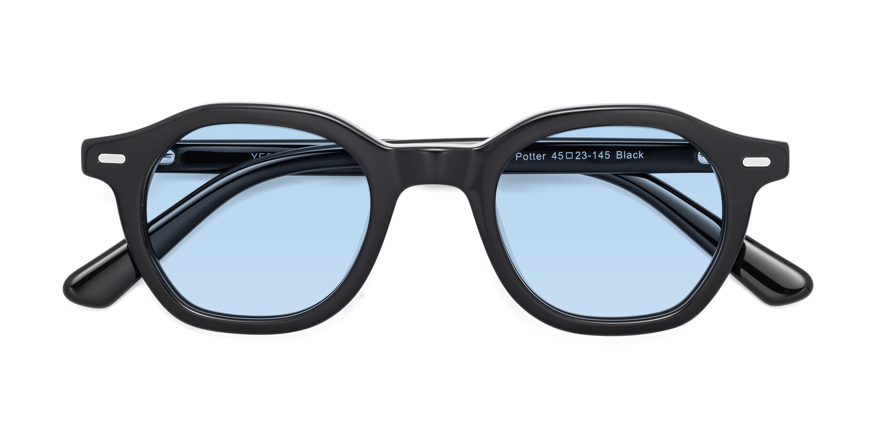 Folded Front of Potter in Black with Light Blue Tinted Lenses