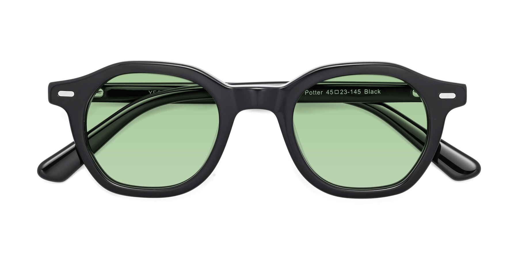 Folded Front of Potter in Black with Medium Green Tinted Lenses