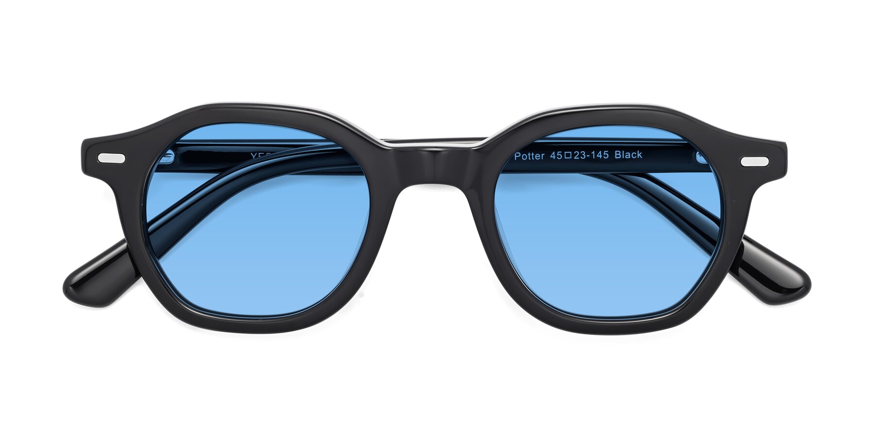 Folded Front of Potter in Black with Medium Blue Tinted Lenses