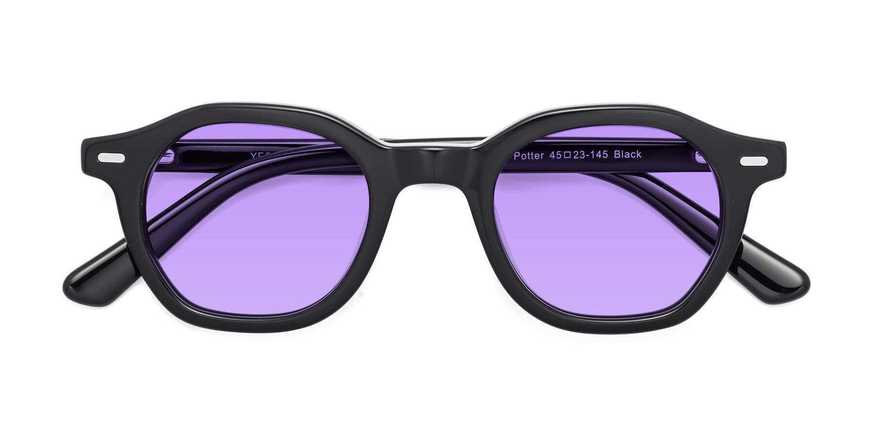 Folded Front of Potter in Black with Medium Purple Tinted Lenses