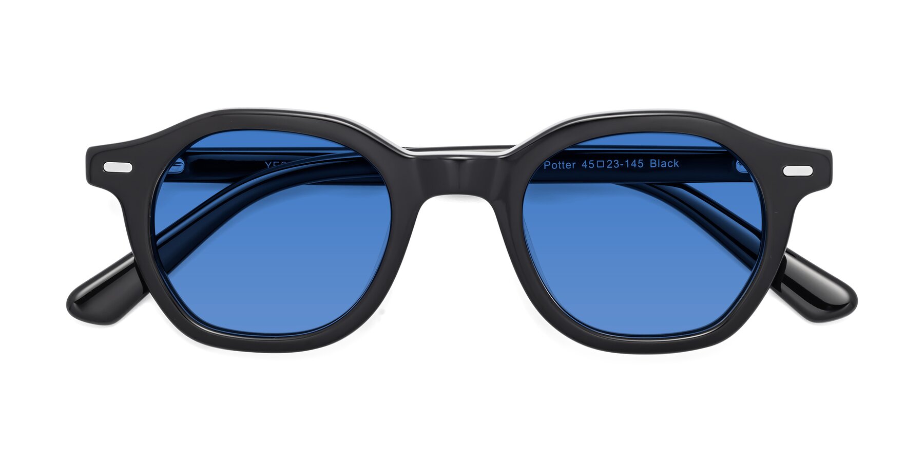Folded Front of Potter in Black with Blue Tinted Lenses