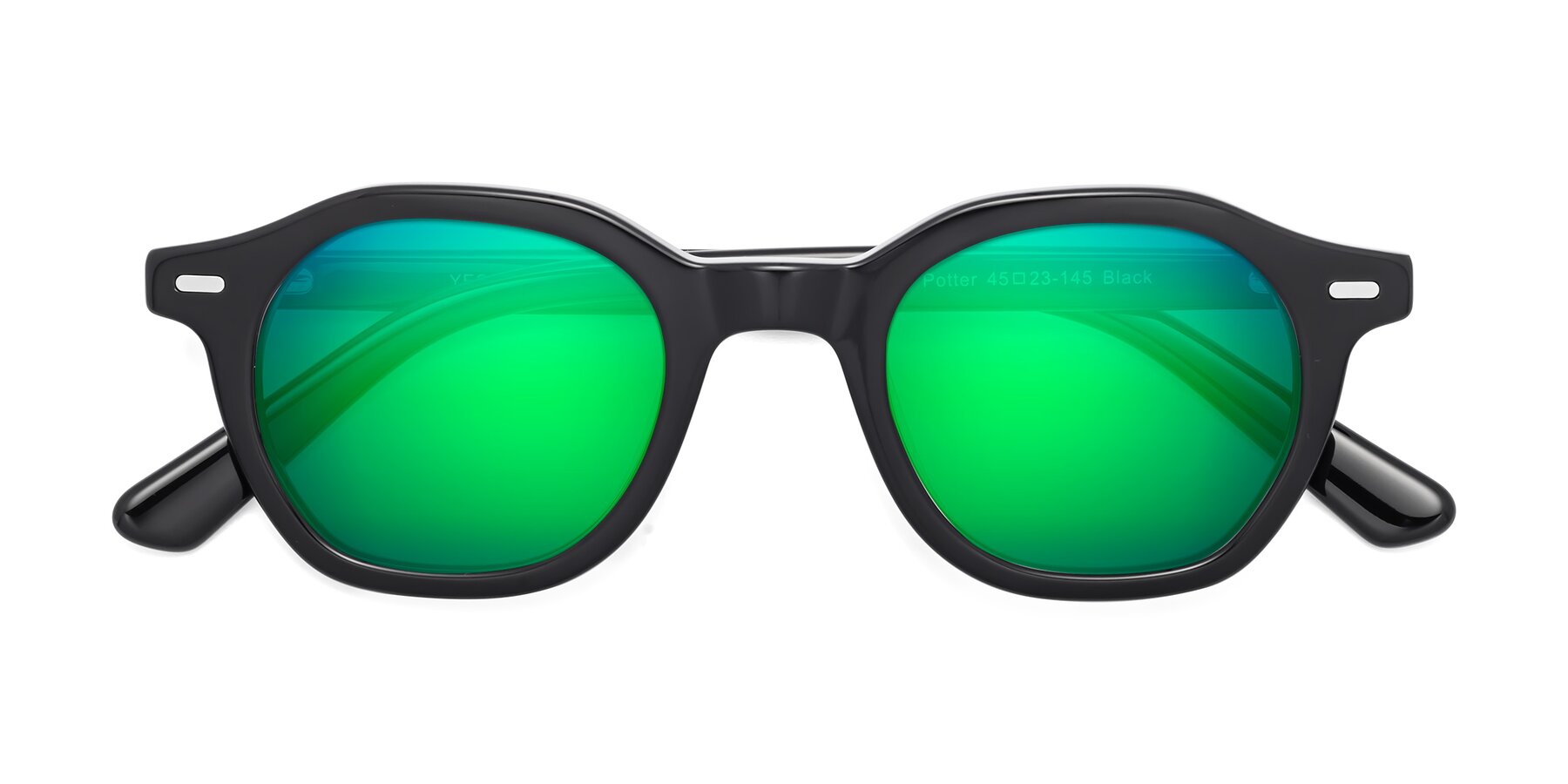 Folded Front of Potter in Black with Green Mirrored Lenses