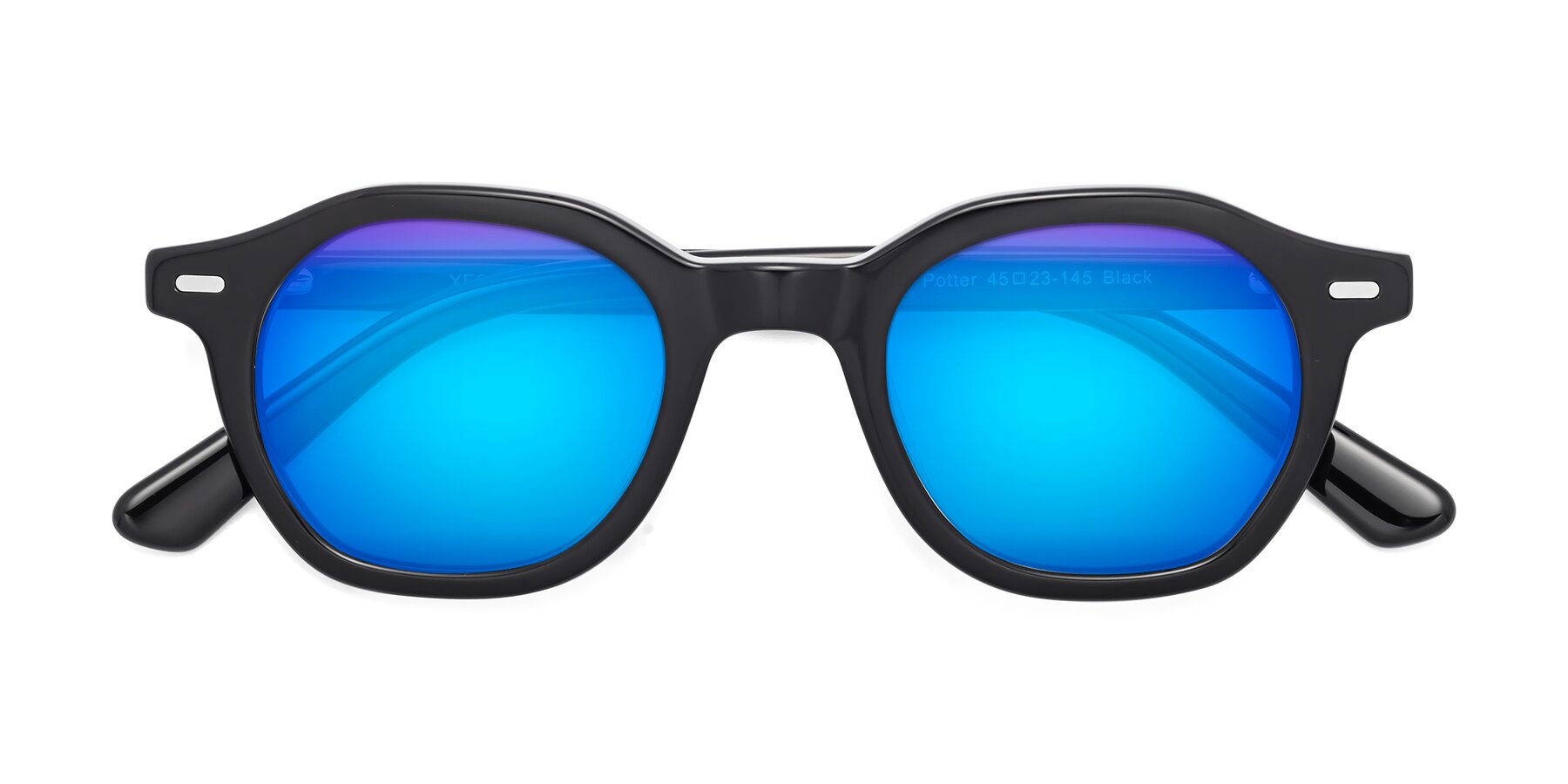 Folded Front of Potter in Black with Blue Mirrored Lenses