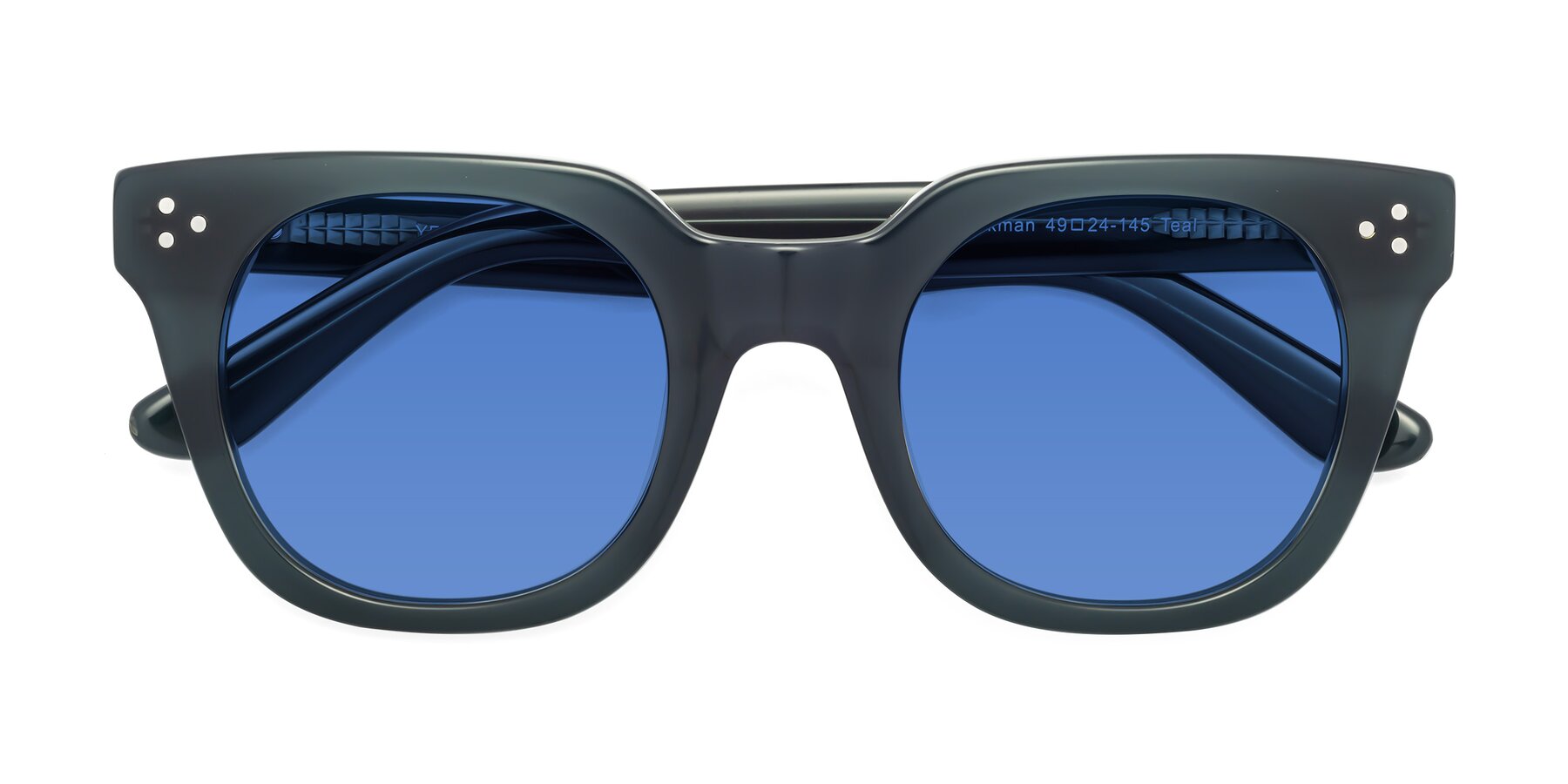 Folded Front of Jackman in Teal with Blue Tinted Lenses