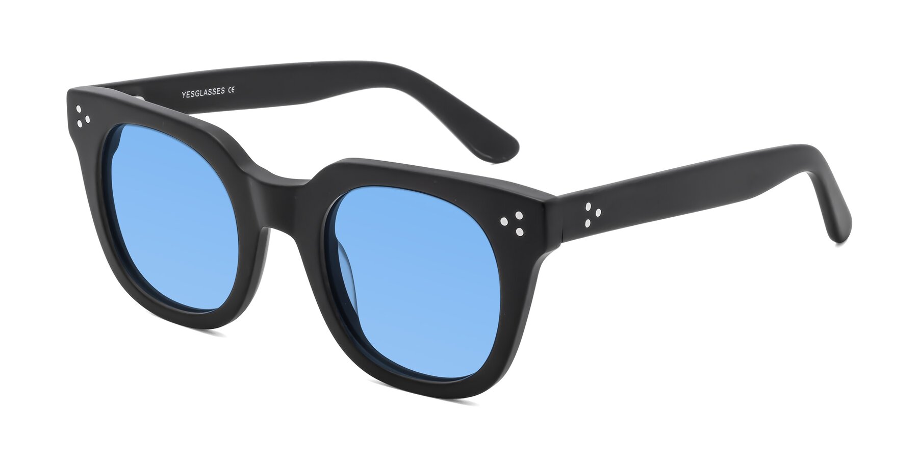 Angle of Jackman in Black with Medium Blue Tinted Lenses