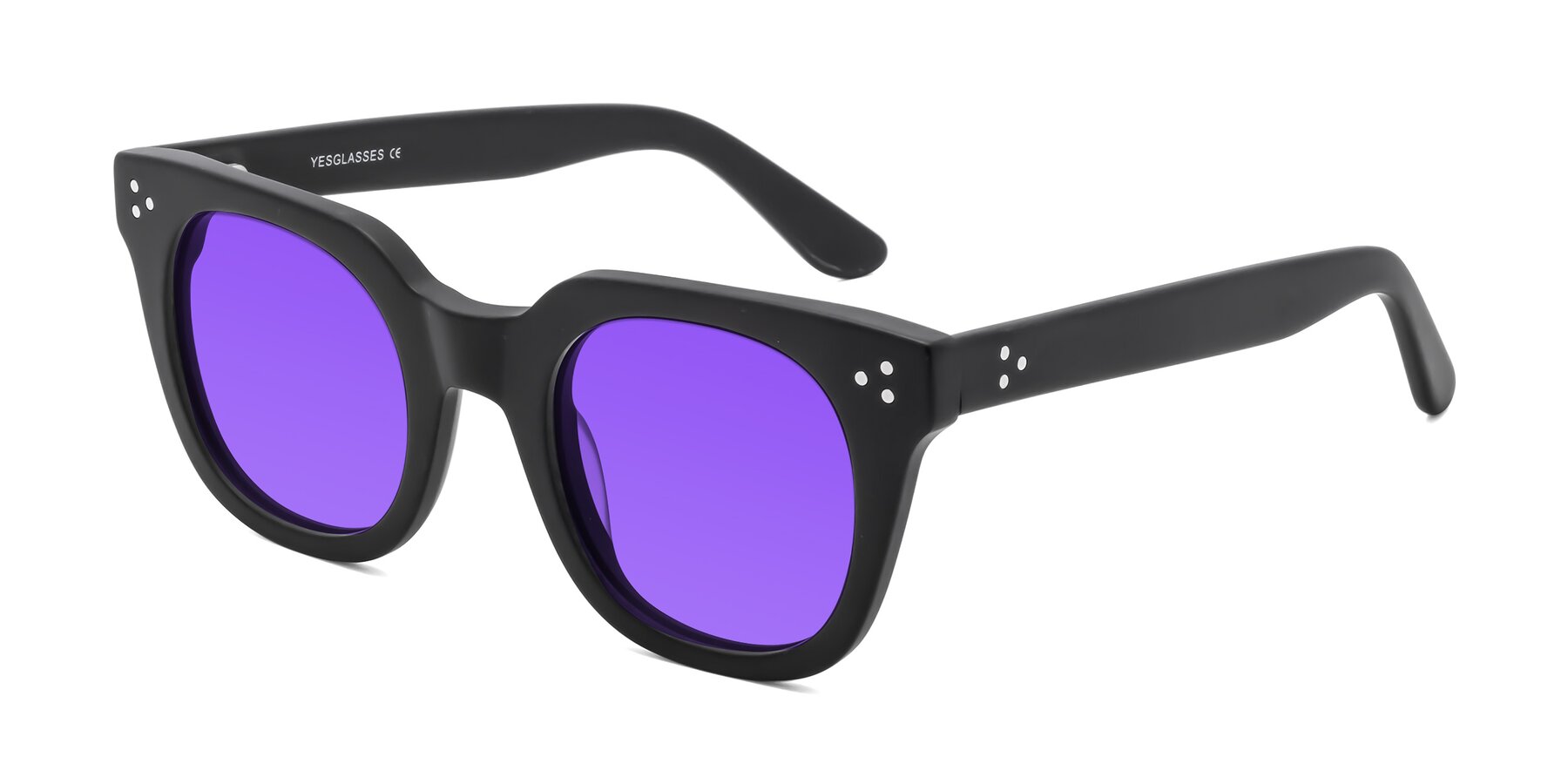 Angle of Jackman in Black with Purple Tinted Lenses