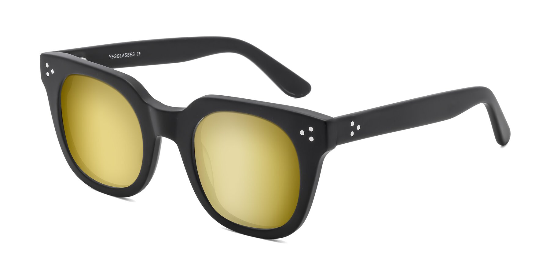 Angle of Jackman in Black with Gold Mirrored Lenses