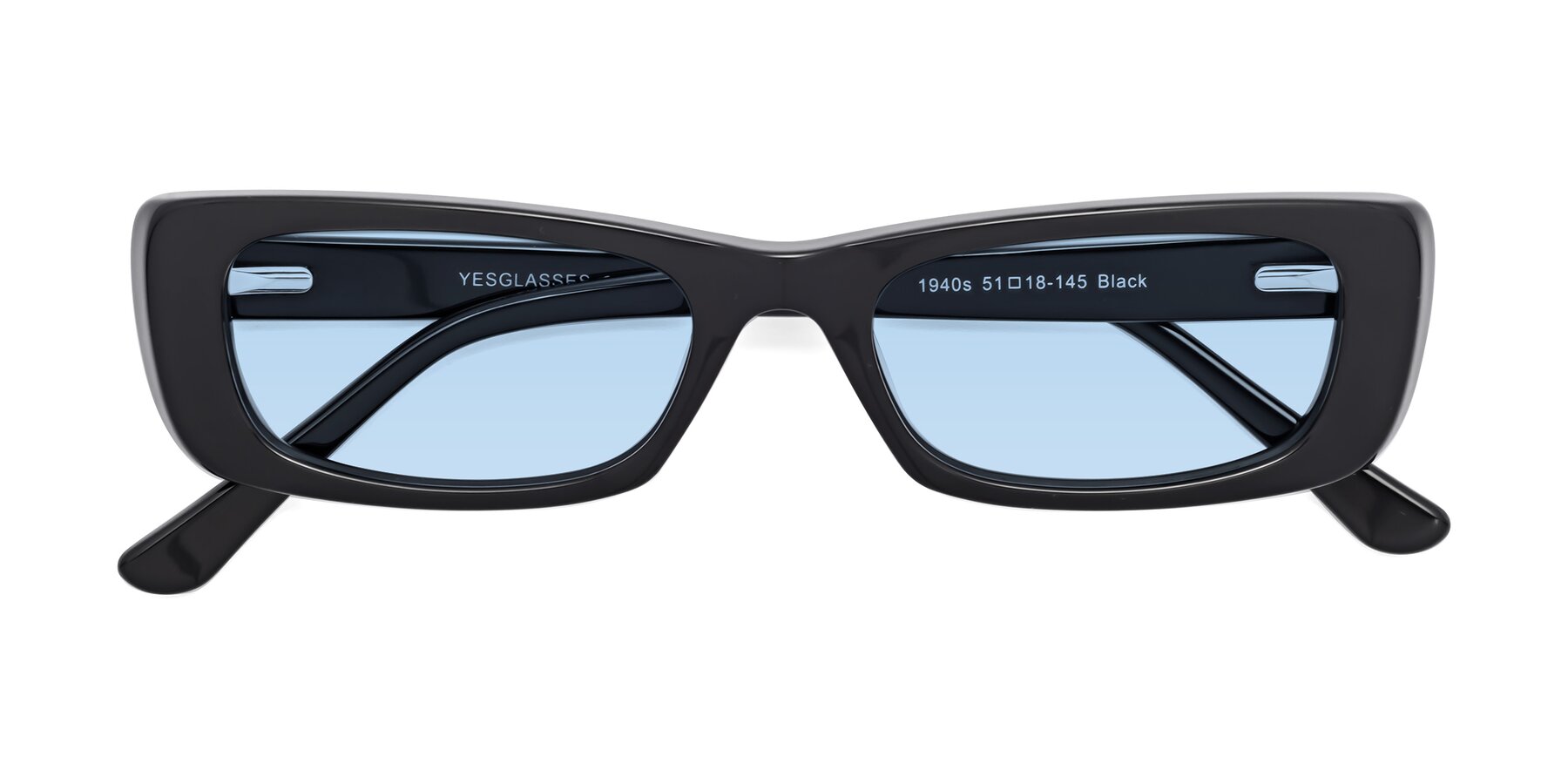 Folded Front of 1940s in Black with Light Blue Tinted Lenses