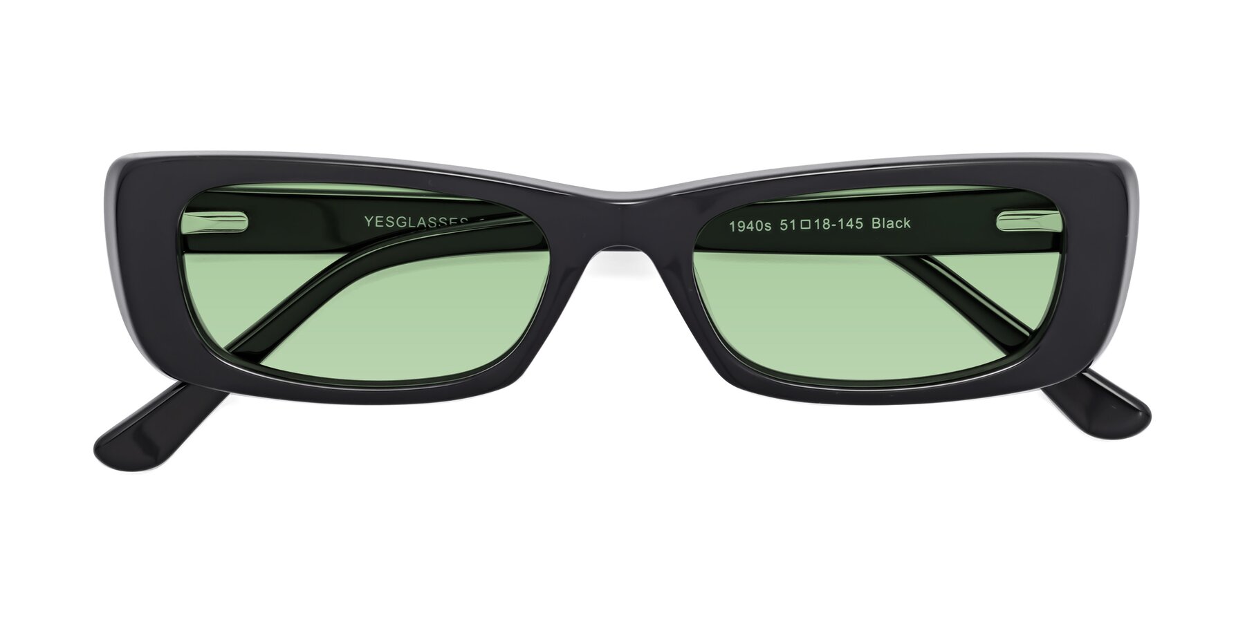 Folded Front of 1940s in Black with Medium Green Tinted Lenses
