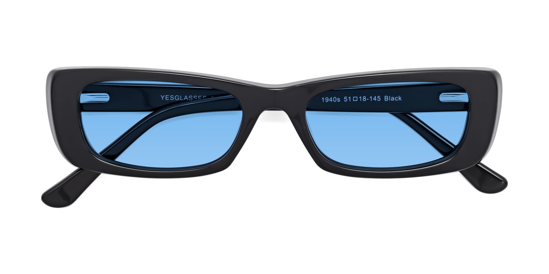 Folded Front of 1940s in Black with Medium Blue Tinted Lenses