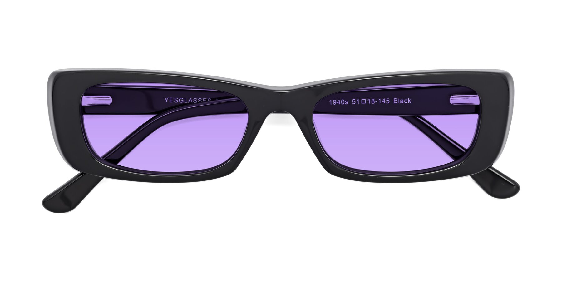 Folded Front of 1940s in Black with Medium Purple Tinted Lenses