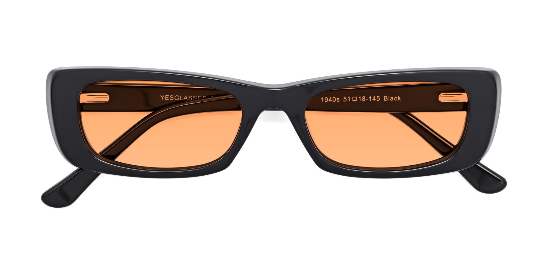 Folded Front of 1940s in Black with Medium Orange Tinted Lenses