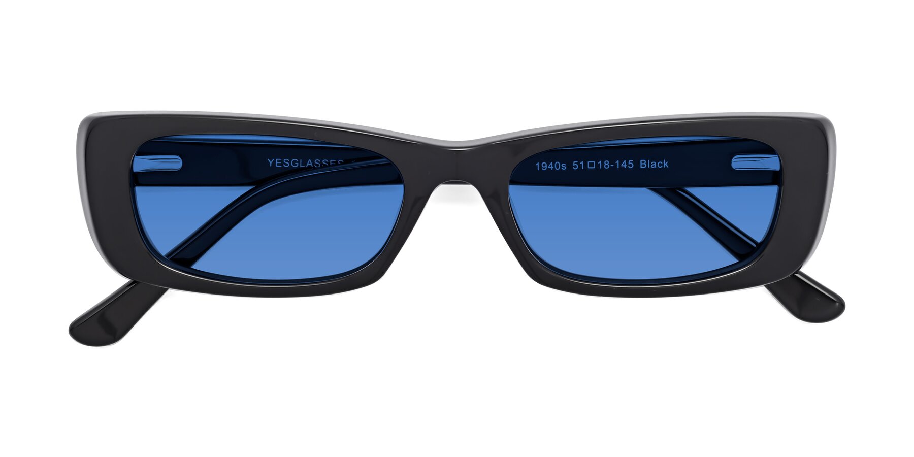 Folded Front of 1940s in Black with Blue Tinted Lenses