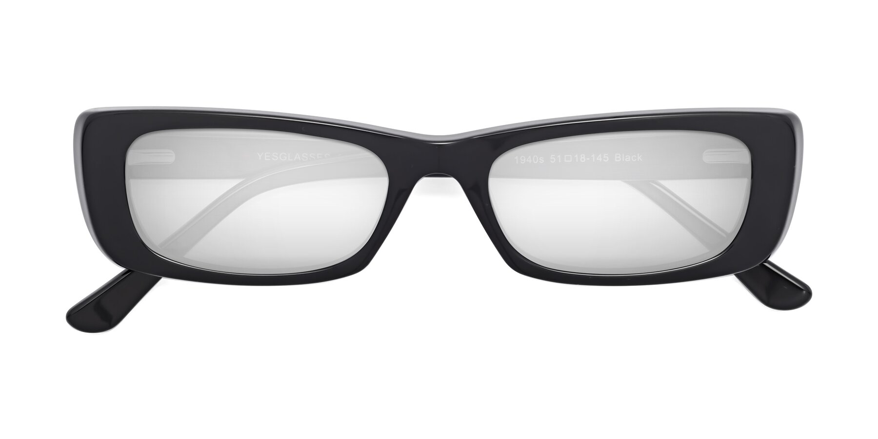 Folded Front of 1940s in Black with Silver Mirrored Lenses