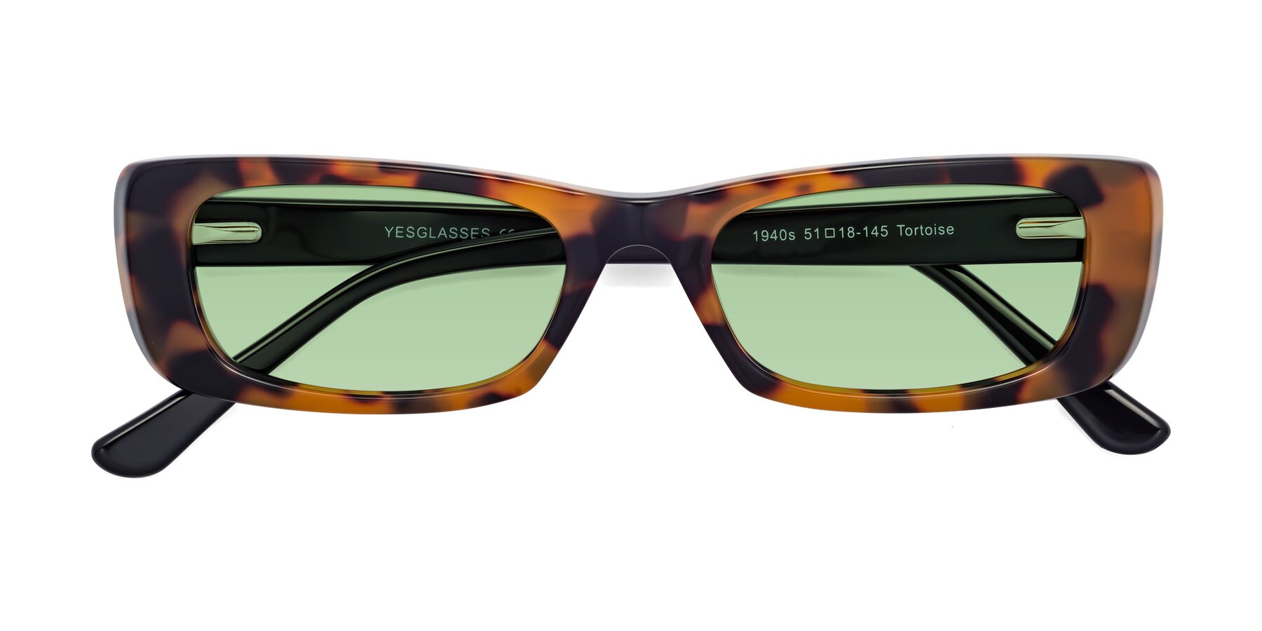 Folded Front of 1940s in Tortoise with Medium Green Tinted Lenses