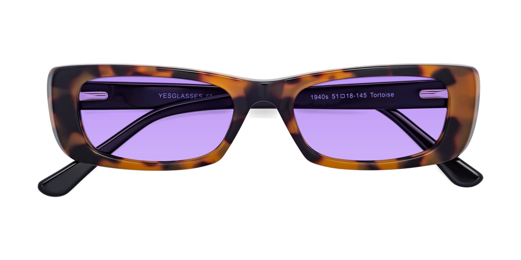 Folded Front of 1940s in Tortoise with Medium Purple Tinted Lenses