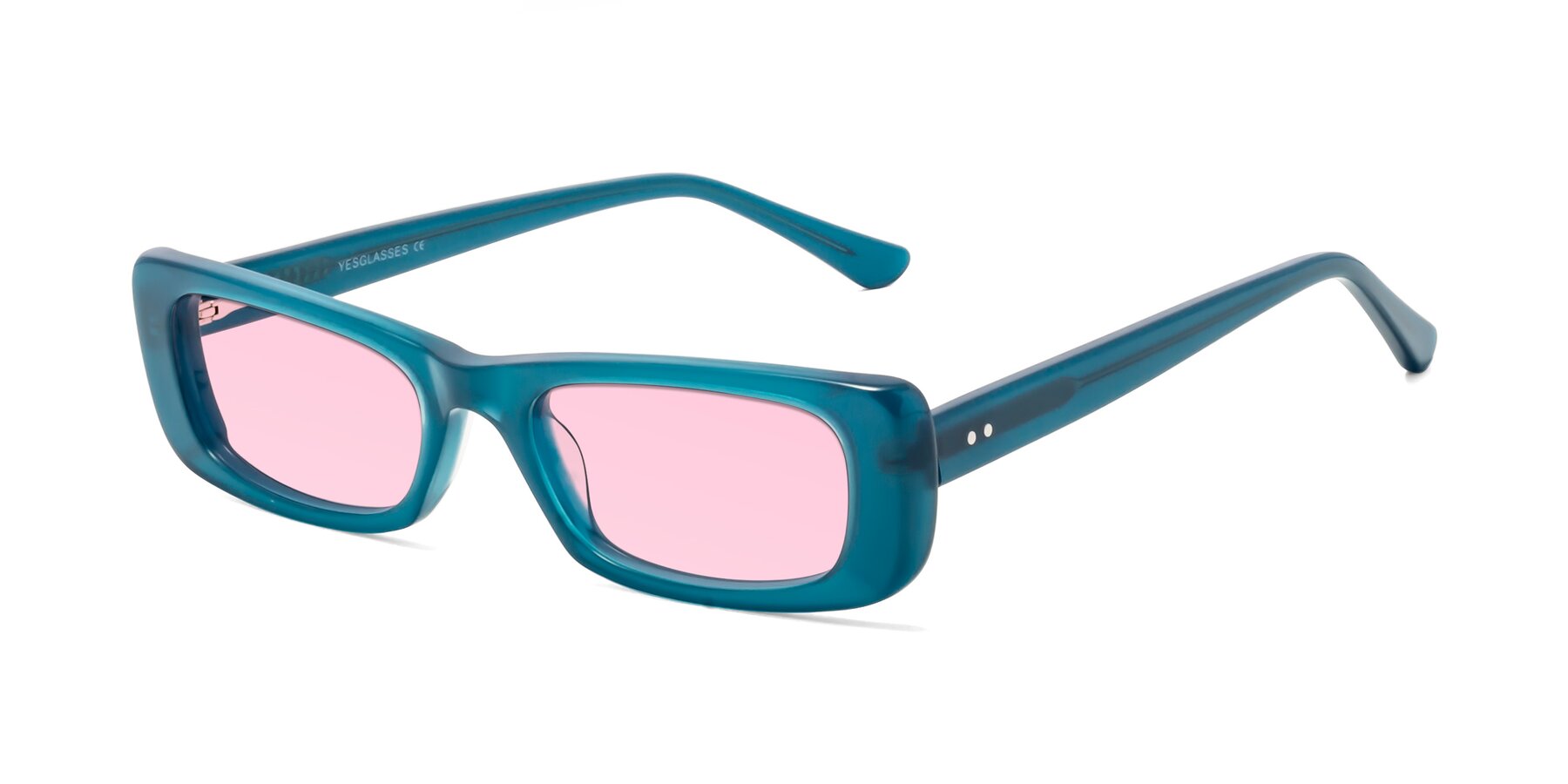 Angle of 1940s in Teal with Light Pink Tinted Lenses