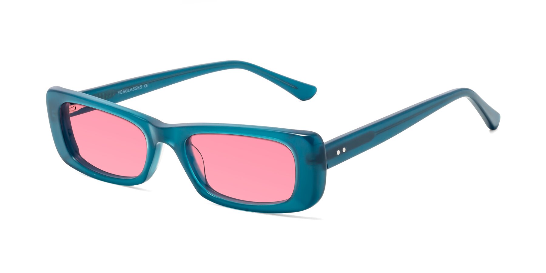 Angle of 1940s in Teal with Pink Tinted Lenses