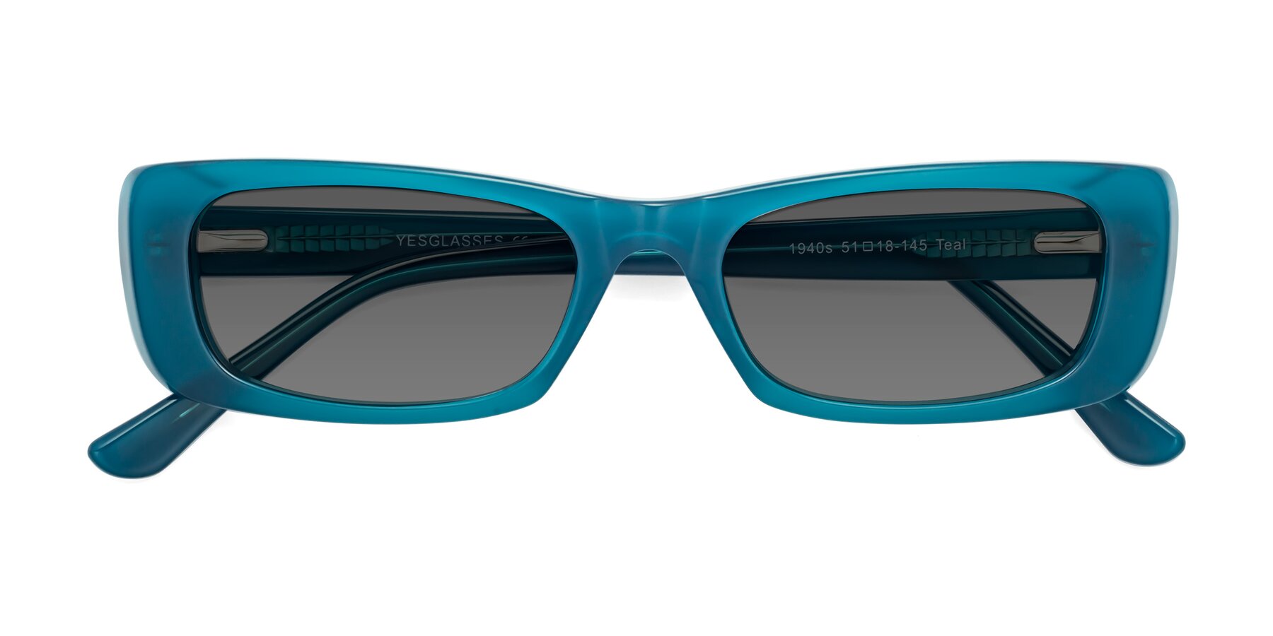 Folded Front of 1940s in Teal with Medium Gray Tinted Lenses