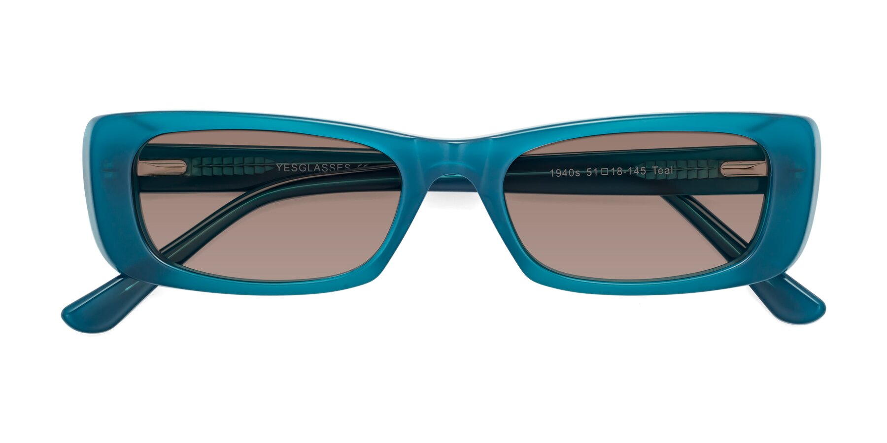 Folded Front of 1940s in Teal with Medium Brown Tinted Lenses