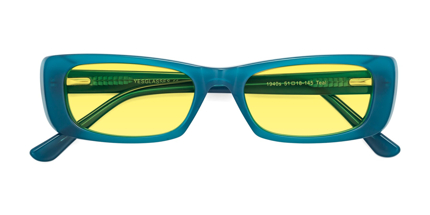 Folded Front of 1940s in Teal with Medium Yellow Tinted Lenses