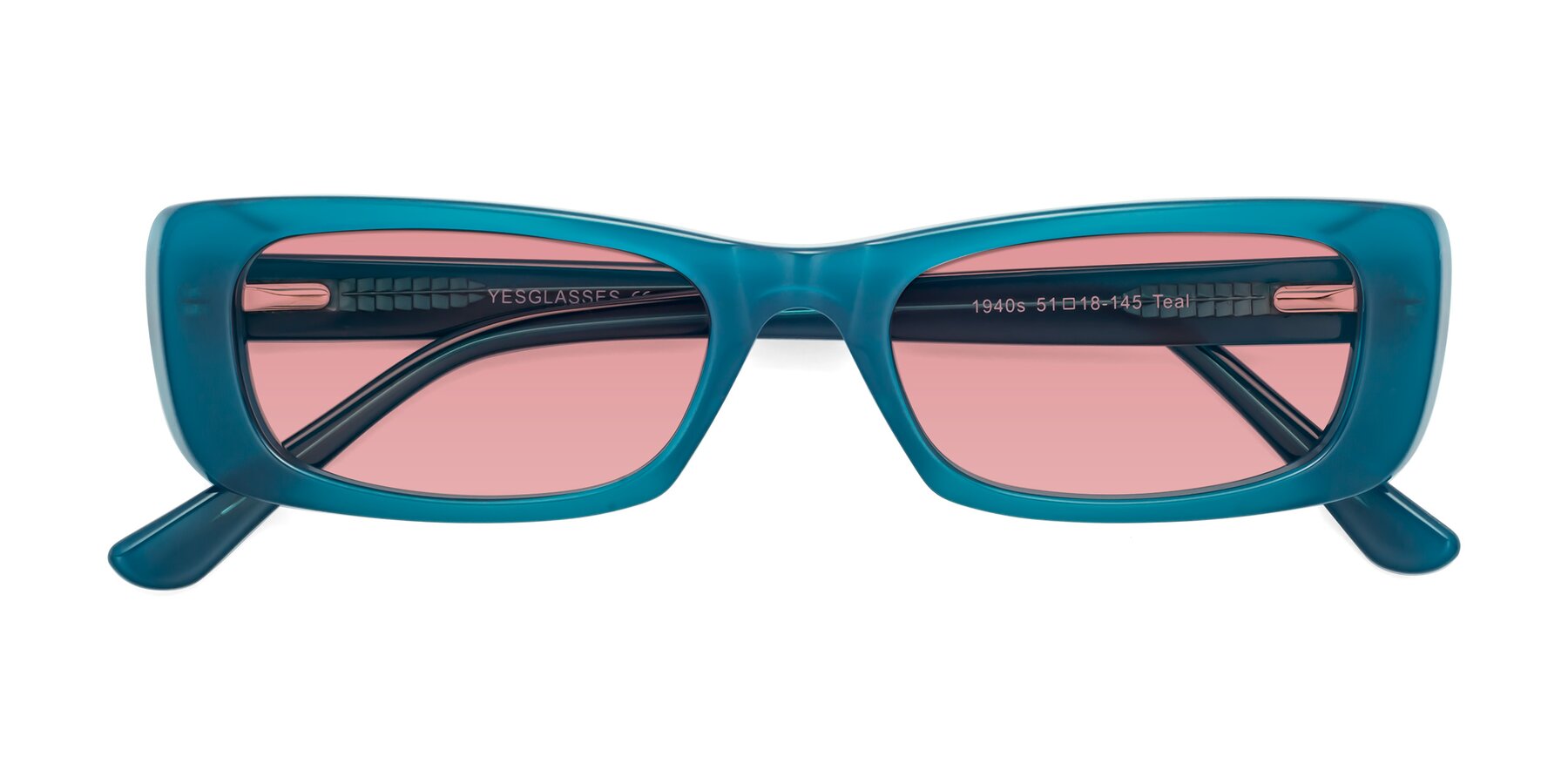 Folded Front of 1940s in Teal with Medium Garnet Tinted Lenses