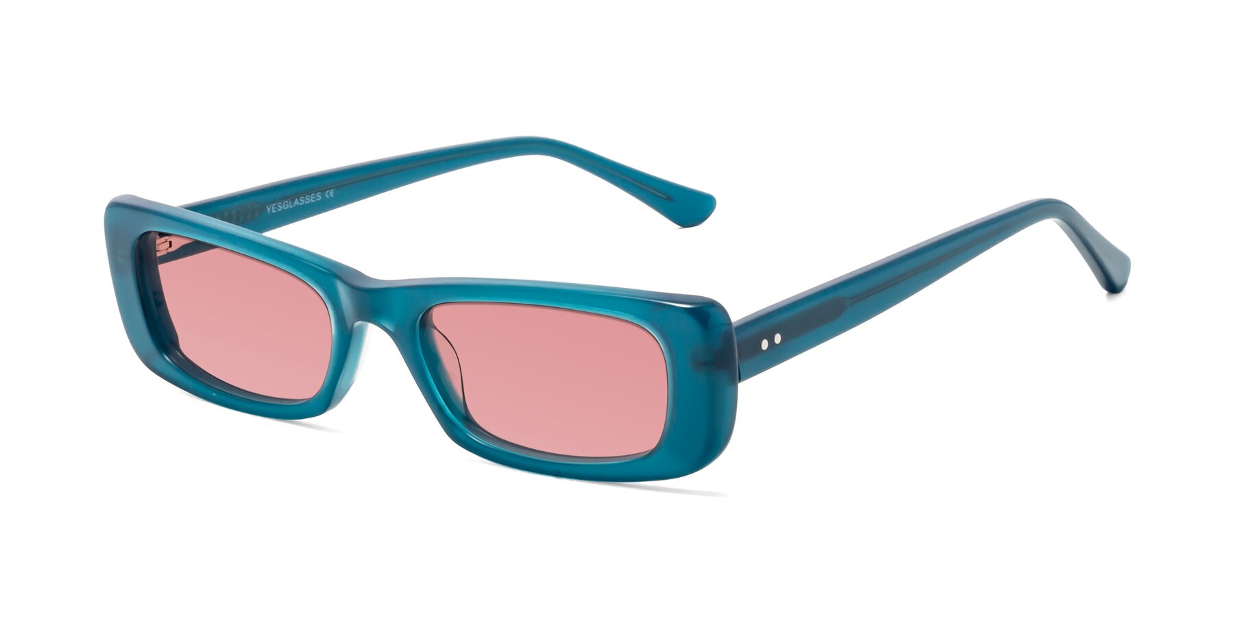 Angle of 1940s in Teal with Medium Garnet Tinted Lenses