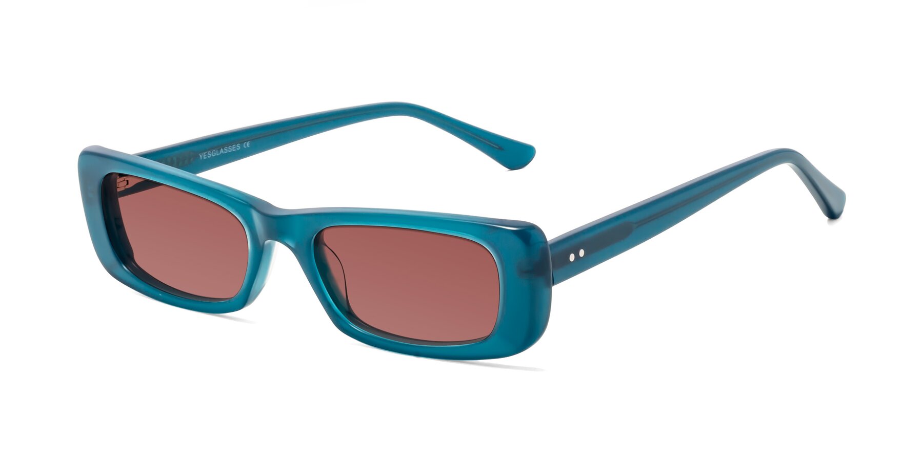 Angle of 1940s in Teal with Garnet Tinted Lenses