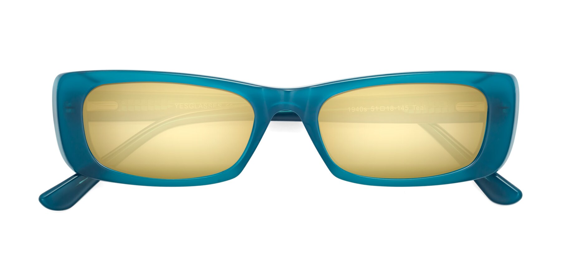 Folded Front of 1940s in Teal with Gold Mirrored Lenses
