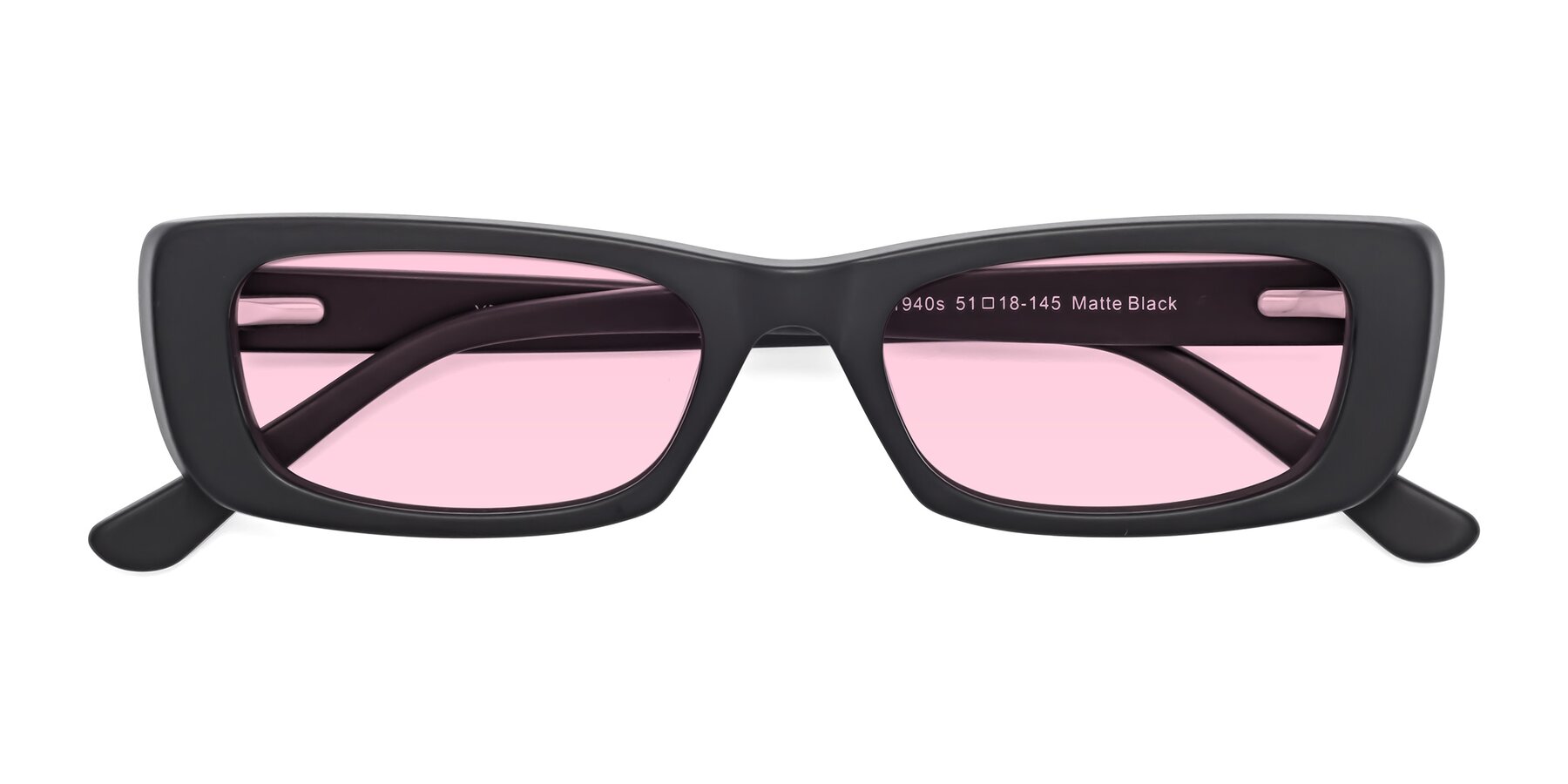 Folded Front of 1940s in Matte Black with Light Pink Tinted Lenses