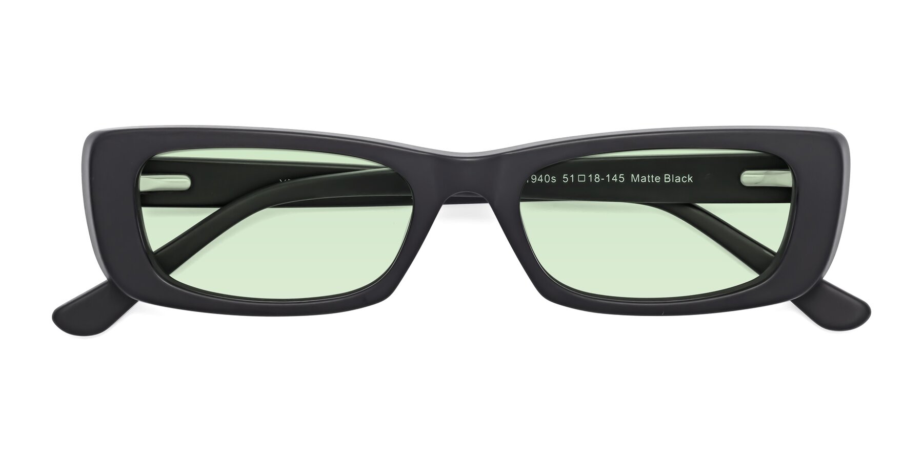Folded Front of 1940s in Matte Black with Light Green Tinted Lenses