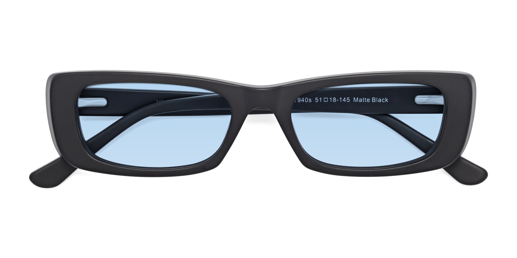Folded Front of 1940s in Matte Black with Light Blue Tinted Lenses