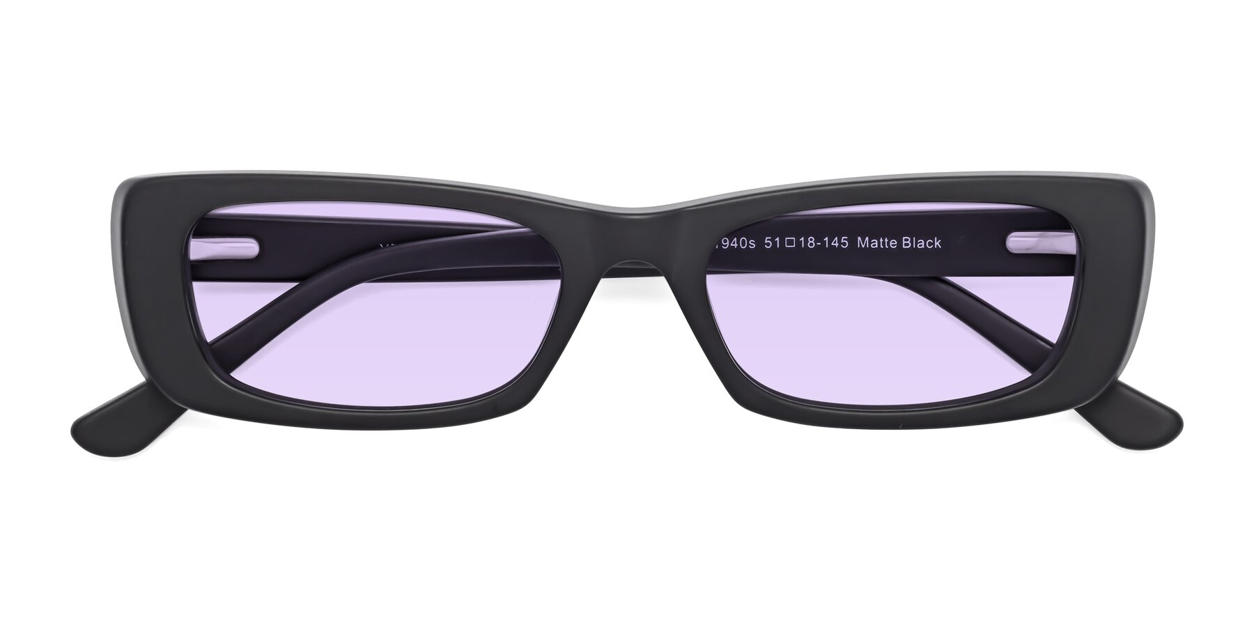 Folded Front of 1940s in Matte Black with Light Purple Tinted Lenses