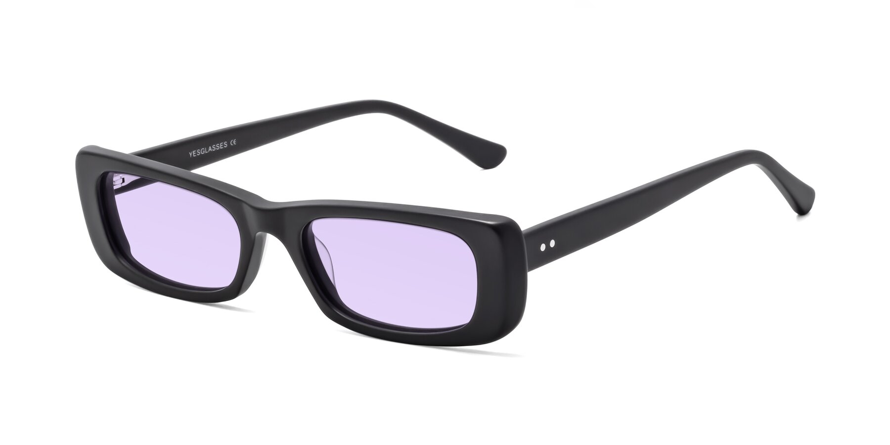 Angle of 1940s in Matte Black with Light Purple Tinted Lenses