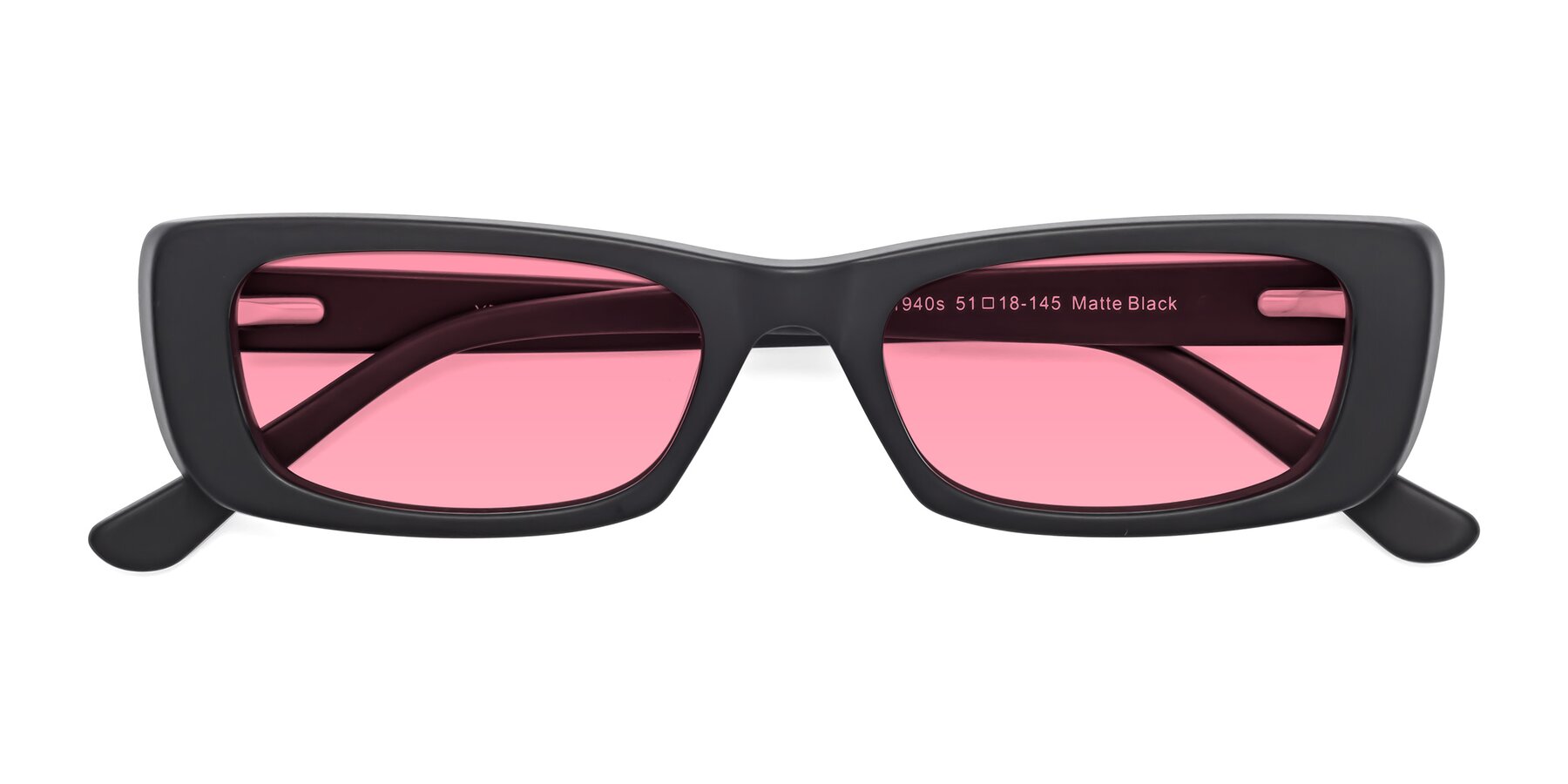 Folded Front of 1940s in Matte Black with Pink Tinted Lenses