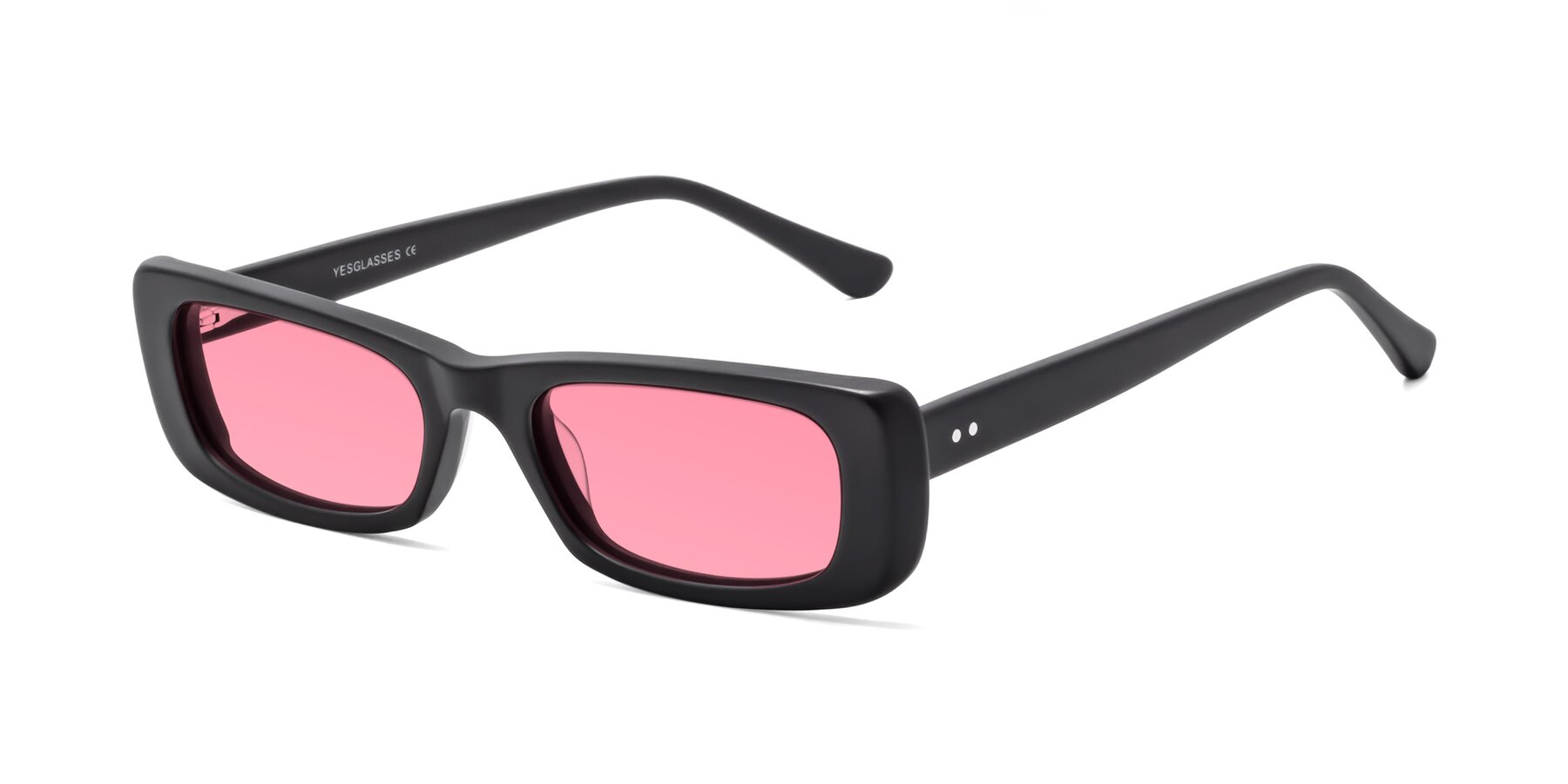 Angle of 1940s in Matte Black with Pink Tinted Lenses