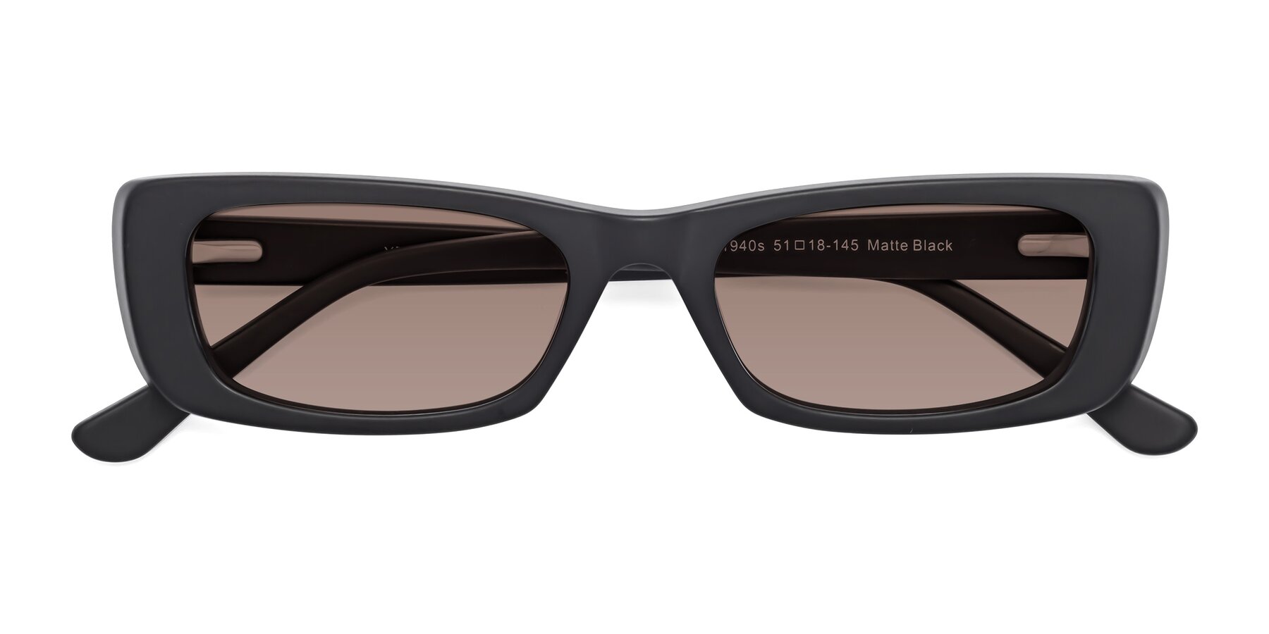 Folded Front of 1940s in Matte Black with Medium Brown Tinted Lenses