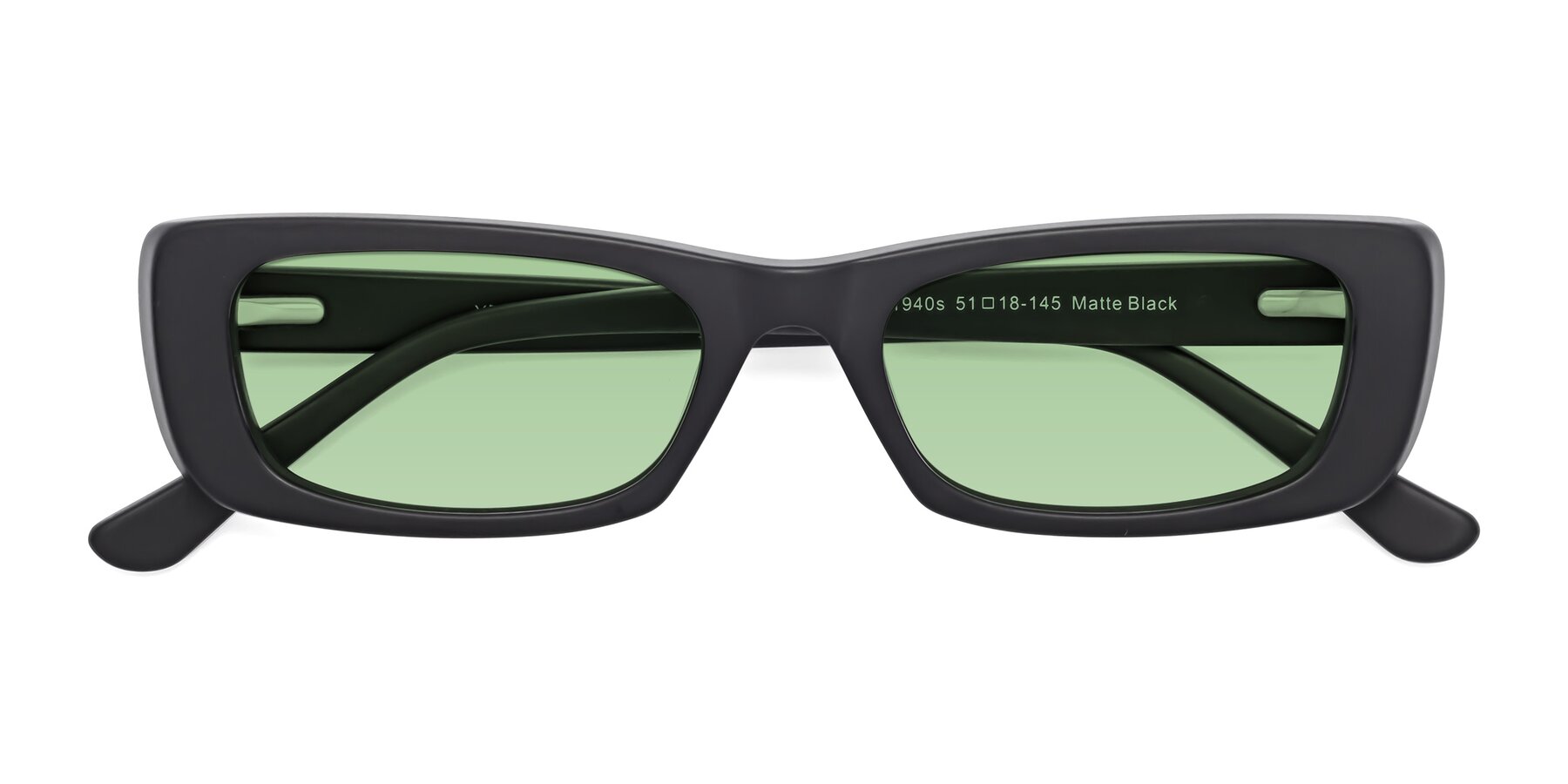 Folded Front of 1940s in Matte Black with Medium Green Tinted Lenses