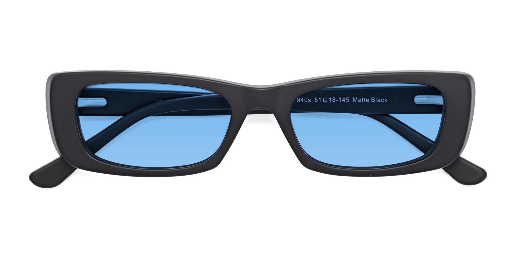 Folded Front of 1940s in Matte Black with Medium Blue Tinted Lenses