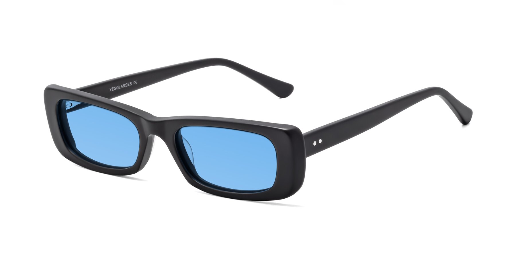 Angle of 1940s in Matte Black with Medium Blue Tinted Lenses