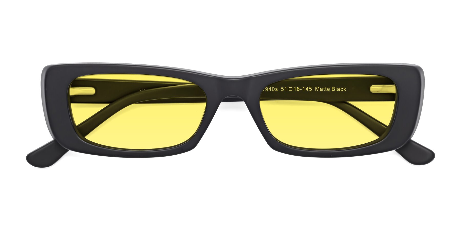 Folded Front of 1940s in Matte Black with Medium Yellow Tinted Lenses
