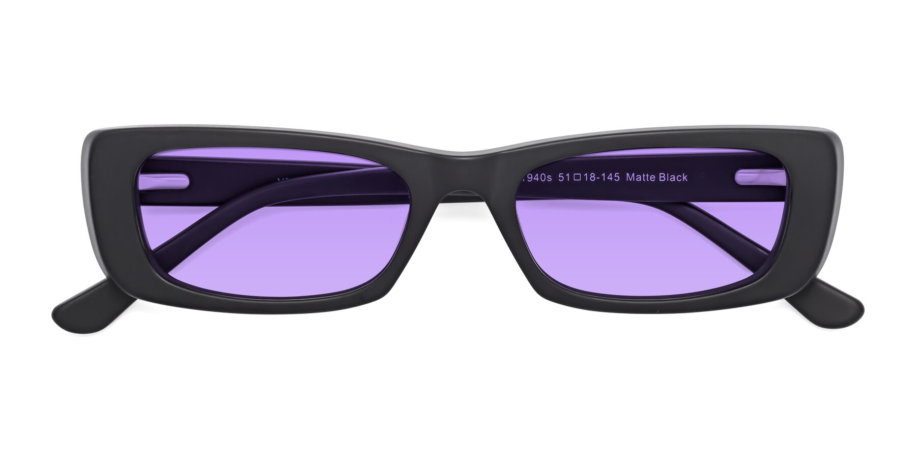 Folded Front of 1940s in Matte Black with Medium Purple Tinted Lenses
