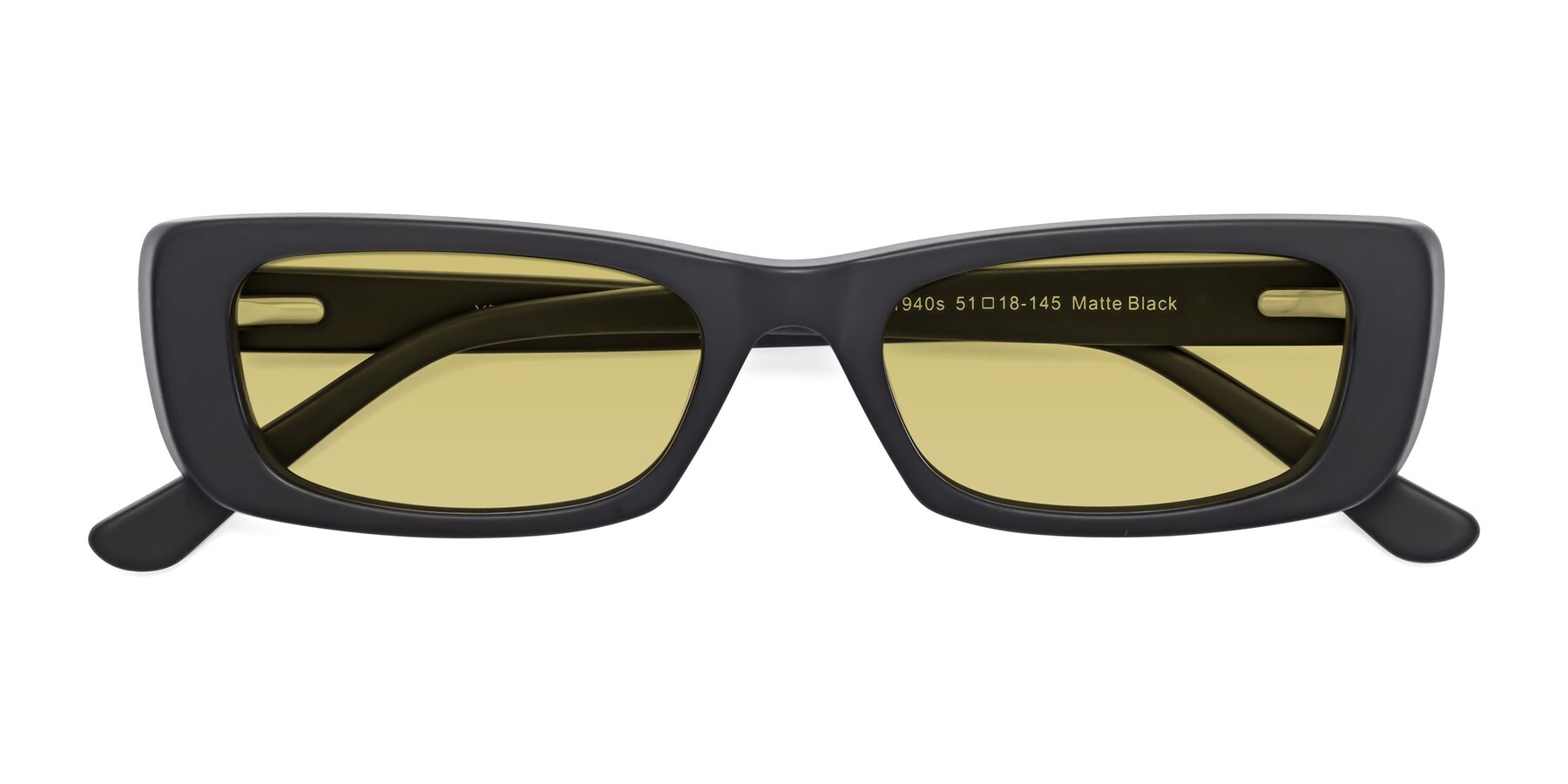 Folded Front of 1940s in Matte Black with Medium Champagne Tinted Lenses