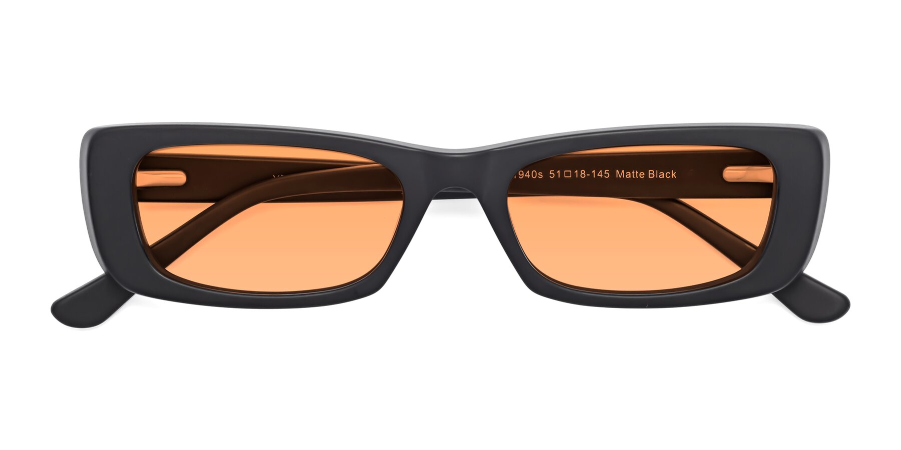 Folded Front of 1940s in Matte Black with Medium Orange Tinted Lenses