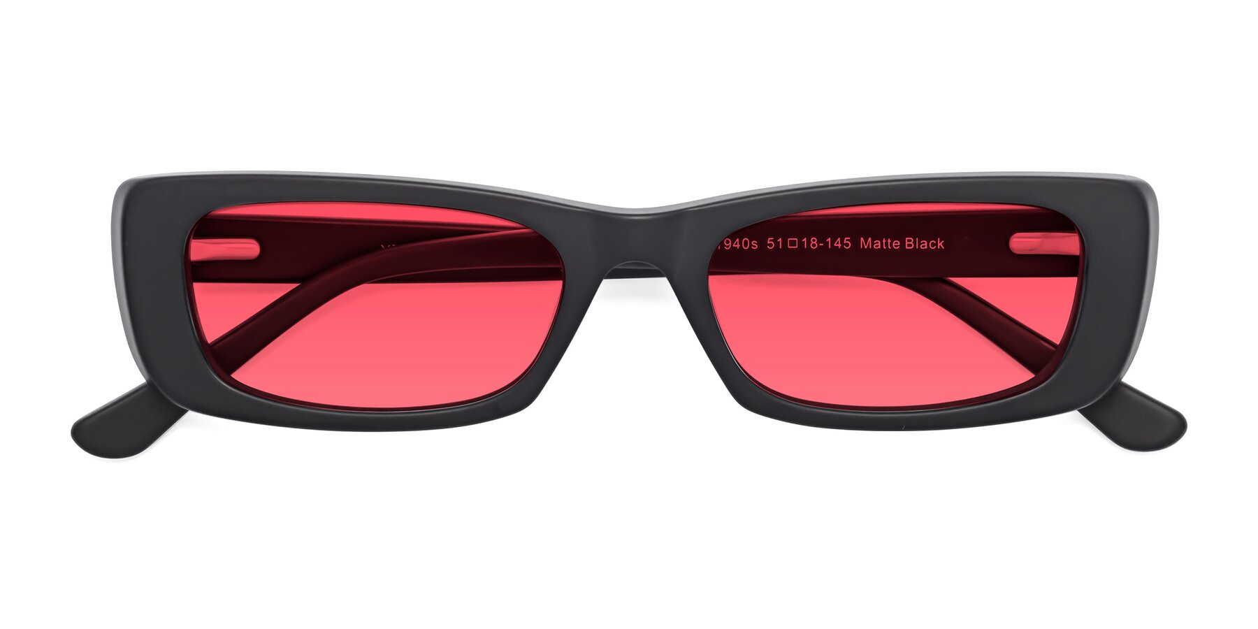 Folded Front of 1940s in Matte Black with Red Tinted Lenses