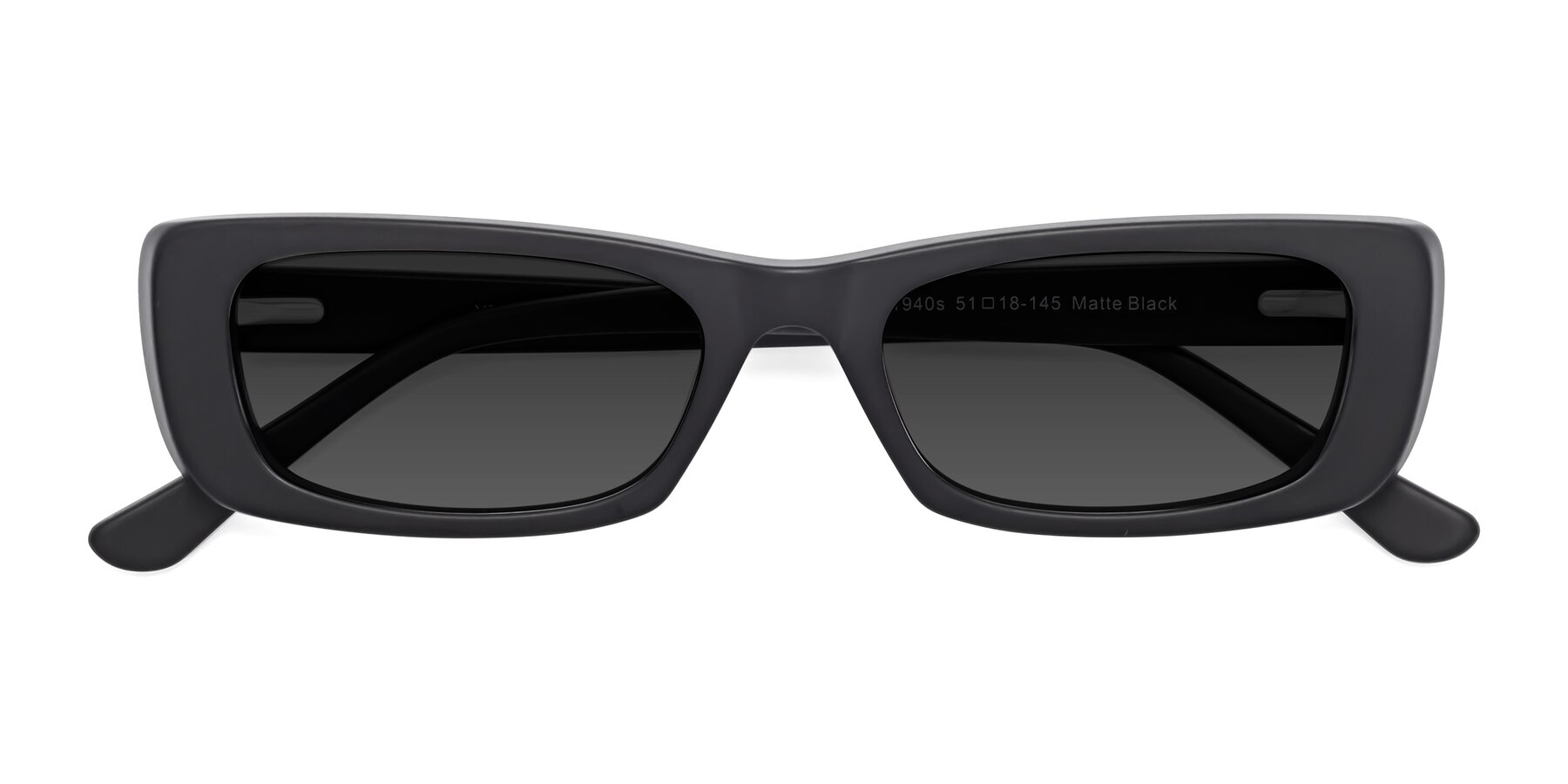 Folded Front of 1940s in Matte Black with Gray Tinted Lenses