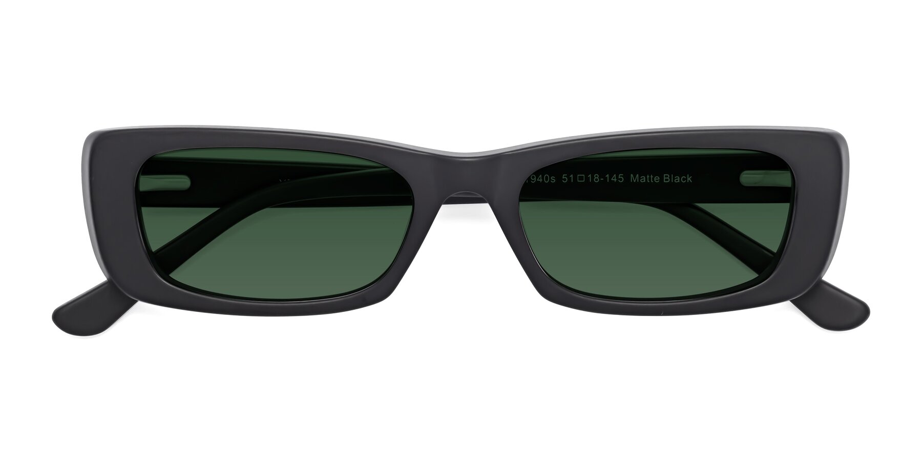 Folded Front of 1940s in Matte Black with Green Tinted Lenses