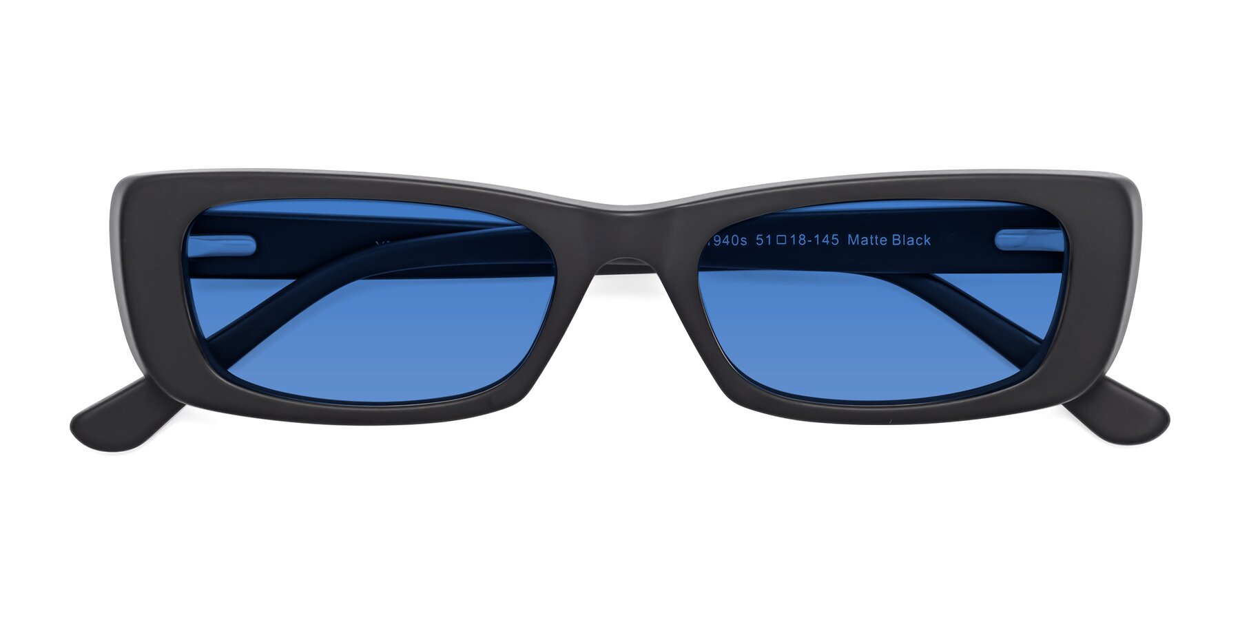 Folded Front of 1940s in Matte Black with Blue Tinted Lenses