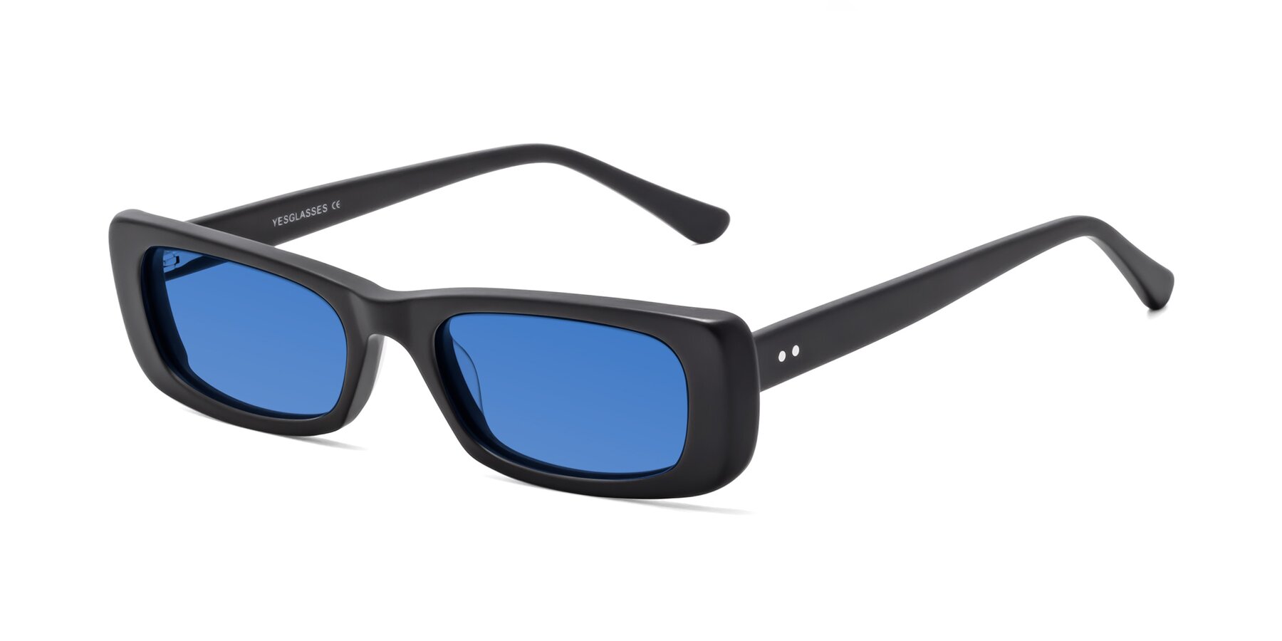 Angle of 1940s in Matte Black with Blue Tinted Lenses
